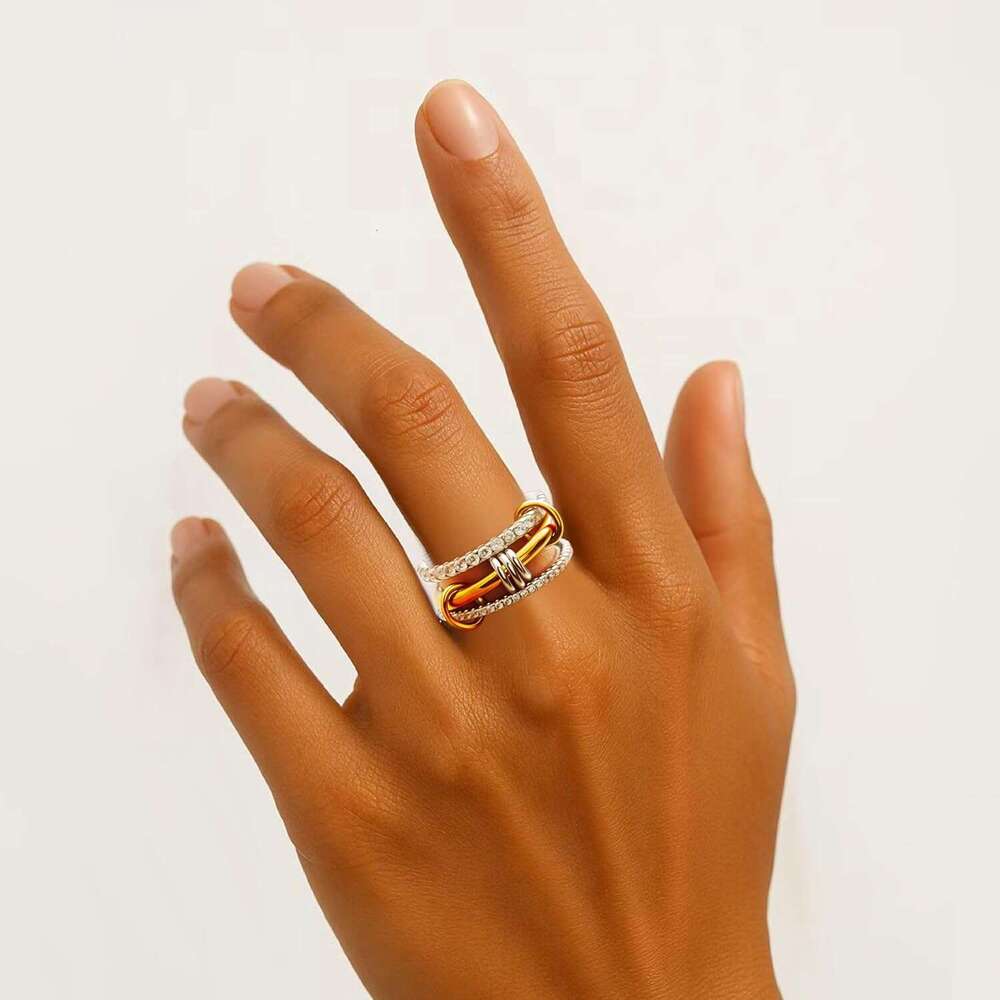 Stackable for Women Non Tarnish,Dainty Plated CZ Cubic Zirconia Rings,Sier and Gold Set,Multi-Link Connected Rings