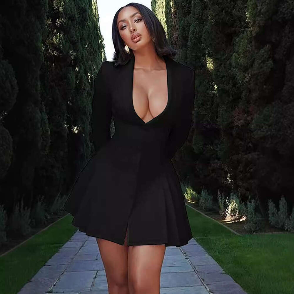 Women's Autumn Winter Solid Color Long Sleeve Pleated Sexy Deep V-neck Blazer Dress