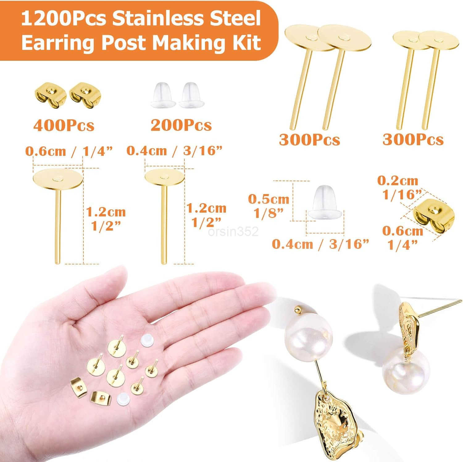 Earring Posts Stainless Steel Flasoo 1200Pcs Hypoallergenic Earrings Posts and Backs Gold Flat Pad Ear Ring Studs with Clutch for Earring Making and D