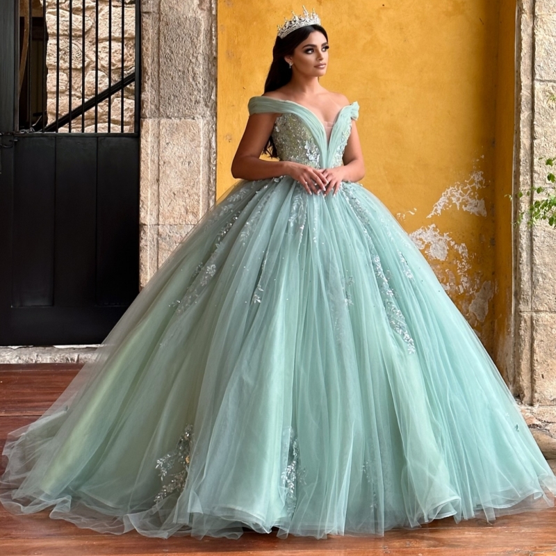 Green Shiny Ball Gown Quinceanera Dresses Off The Shoulder Sequin Applique Lace Beads TTull Party Birthday Sweet 16 Dress Vestidos 15 De Anos
