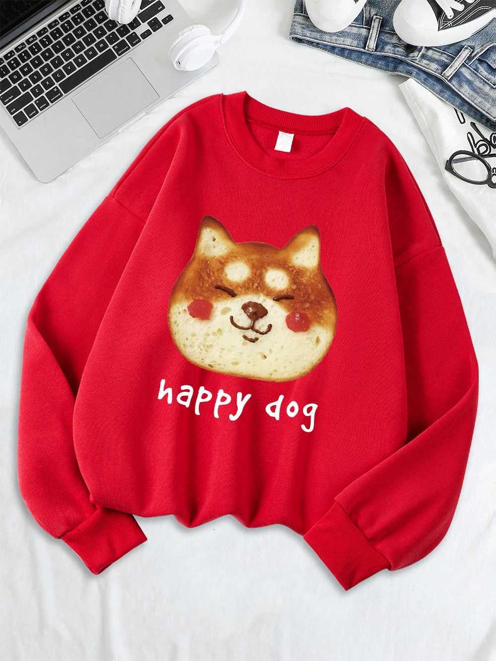 Happy Dog Cookie Printing Sweatshirt Women Fleece Warm Winter Hoodie Loose Casual Pullover Crewneck Comfortable Womans ClothesZ250918
