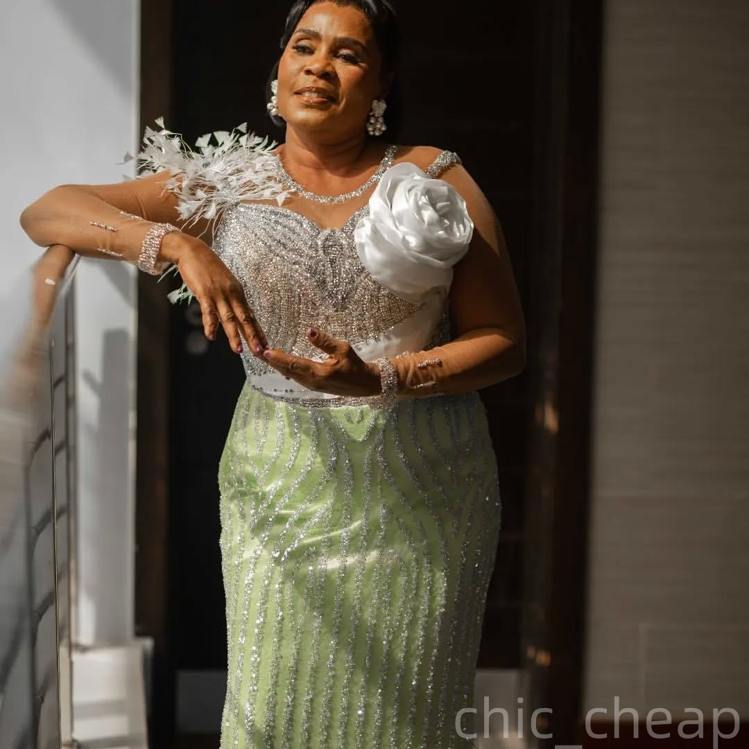 2025 Plus Size Mint Mermaid Mother Of Bride Dresses Feather Flower Beaded Prom Evening Party Mamas Dress Vintage 50s Birthday Wedding Guest Groom Moth