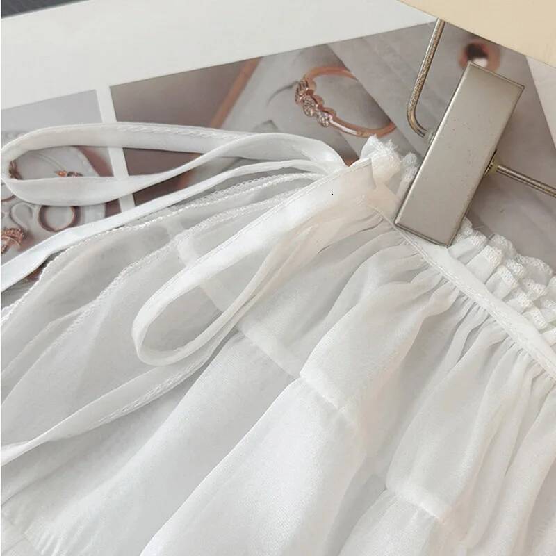 French Lace Ruffle Trim Belted Short Pencil Spring Layered Apron Curtain A- Line Fluffy Half-length Skirt Commute dongdumaoyi