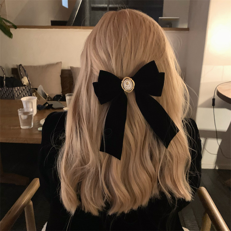 Rich Lady Black Veet Rose Bow French Top Clip Style High-end Hair Accessory ddmythur - view 6