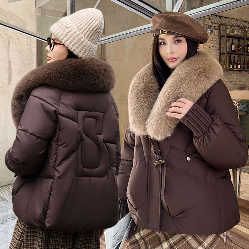 Winter New Style Large Fur Collar Cotton Jacket Women, Short Warm Thickened Anti-Fur Coat for Petite Figures
