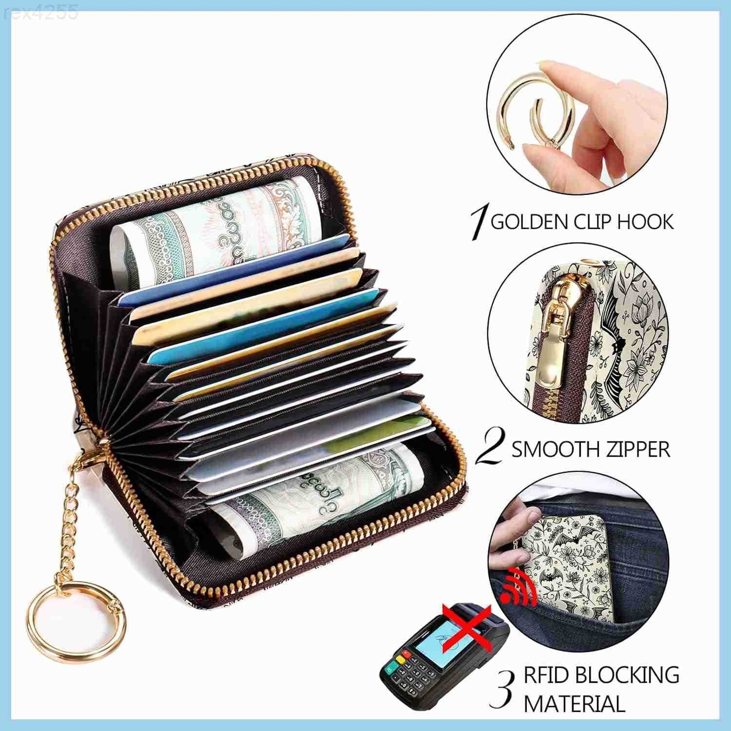Credit Card Holder for Women Goth Small RFID Blocking Wallet with Wristlet Strap Gothic Zipper Keychain Women Wallet Leather Card Case Wallet Purse wi