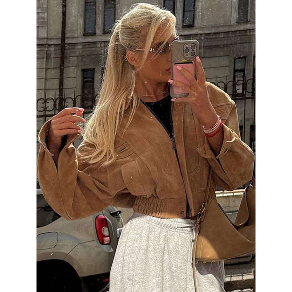 Fashion Brown Short Suede Jacket Women Chic Lapel Long Sleeve Pocket Zipper Cropped Coat Autumn Lady Highstreet Commute Outwear
