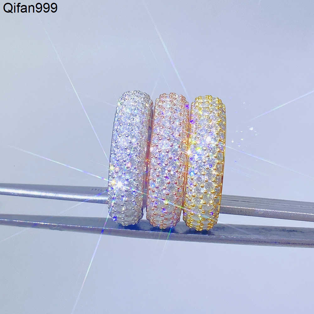 Hip hop 925 silver set VVS four row round Mohsen rings mens and womens rings ins fashion trend full of diamonds