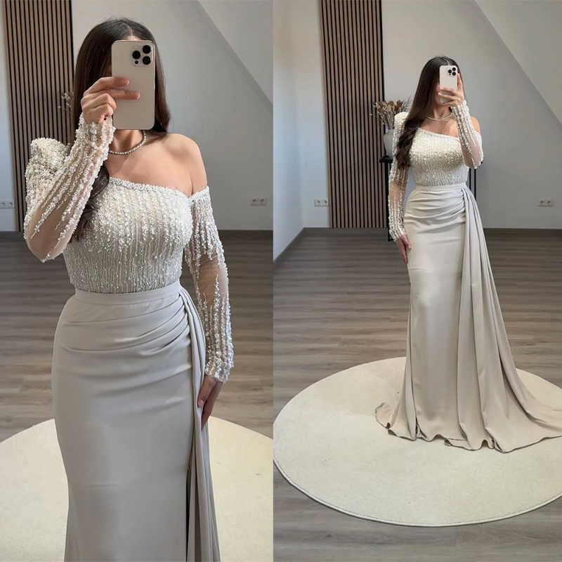 Temperament Evening Dresses One Shoulder Long Sleeves Beads Party Dress Delicate Straight Prom Gowns Vestidos De Gala Customized