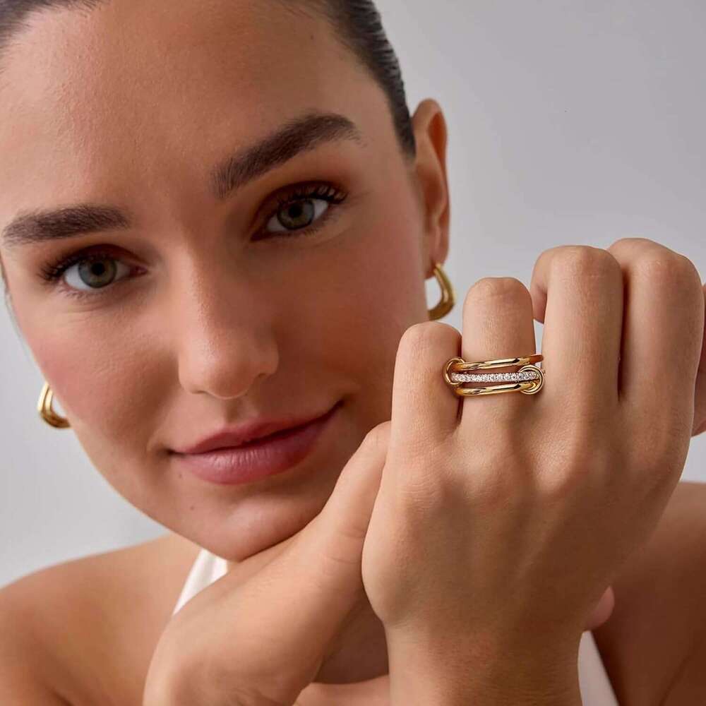 14K Plated Stackable Rings,3 CZ Cubic Zirconia Ring Set,Sier & Gold Stacking Rings, Multi-Link Connected,Statement Interlocking Band for Women, Hypoal