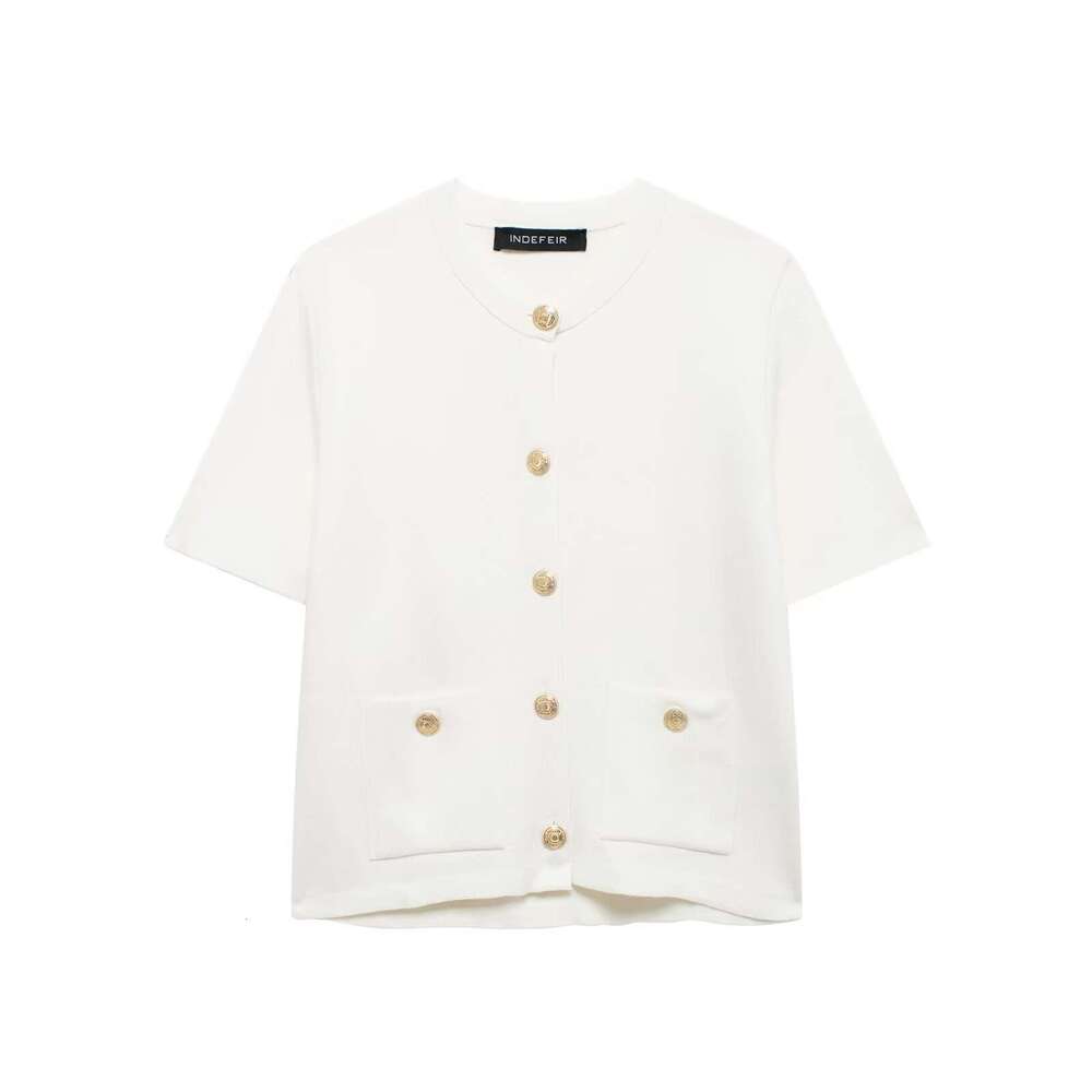 DHEssentials Z2025 New Style Chanel-Inspired Round Neck Patch Pocket Button Design Short Sleeve Knitted Jacket for Women 6427031