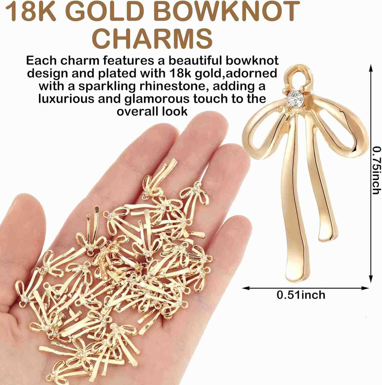 48 Pcs 18k Gold Plated Bowknot Charms Metal Bow Tie DIY Earrings Necklaces Pendant Rhinestone Bowknot Charms for Jewelry Making DIY Crafts Supplies fo
