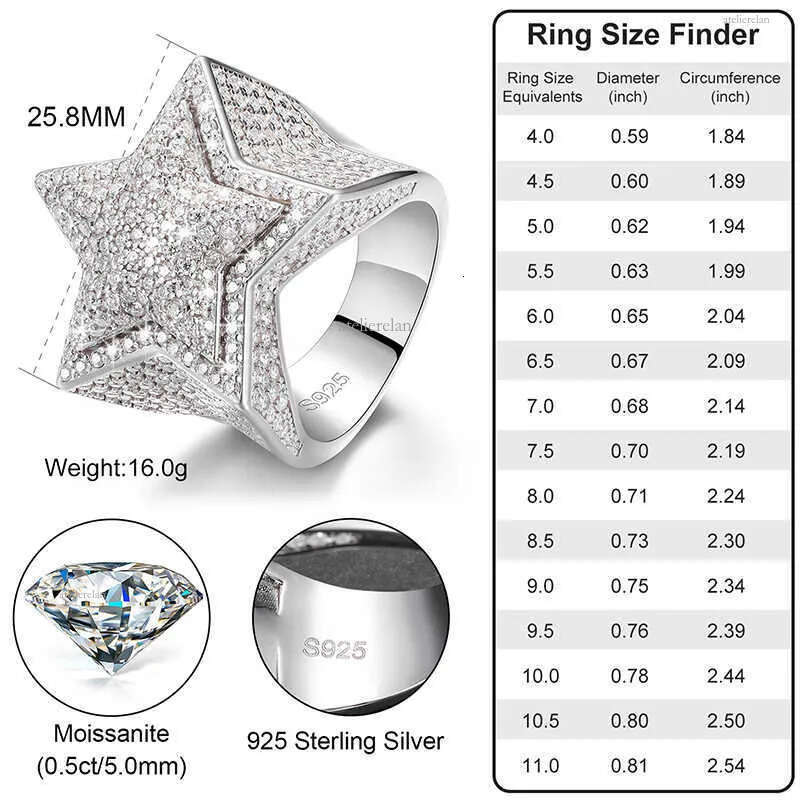 Men Band Rings Women Hiphop Fine Jewelry Iced Out Gold Plated Sterling Sier VVS Moissanite Dia Star Ring With GRA Certificate123