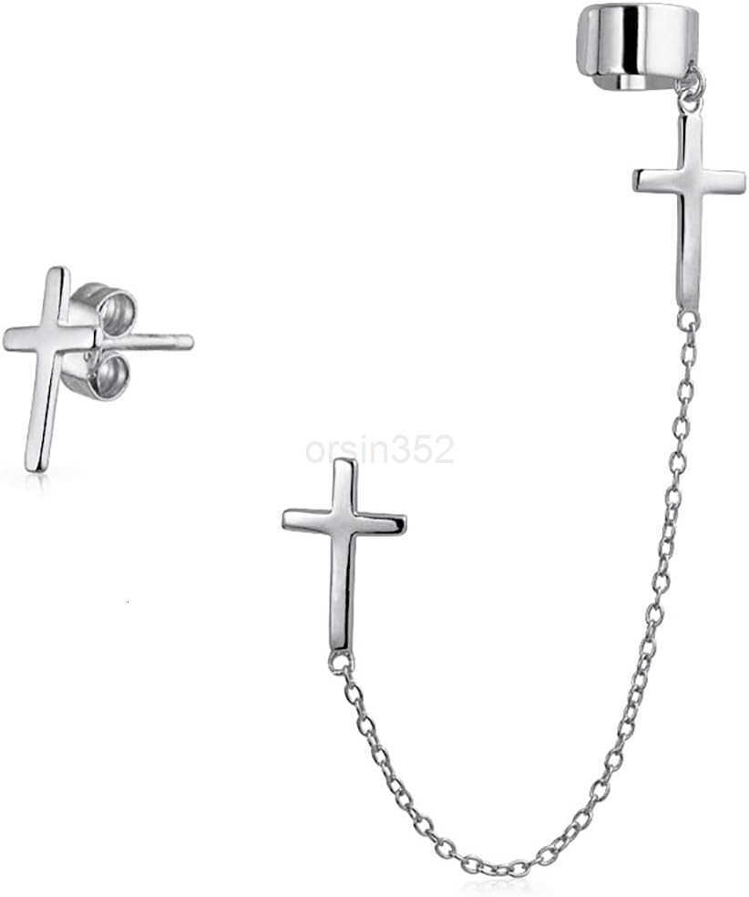 Religious Cross Threader Long Chain Ear Cuff Stud Earring Set For Women Teen Rose Gold Plated 925 Sterling SilverW250911