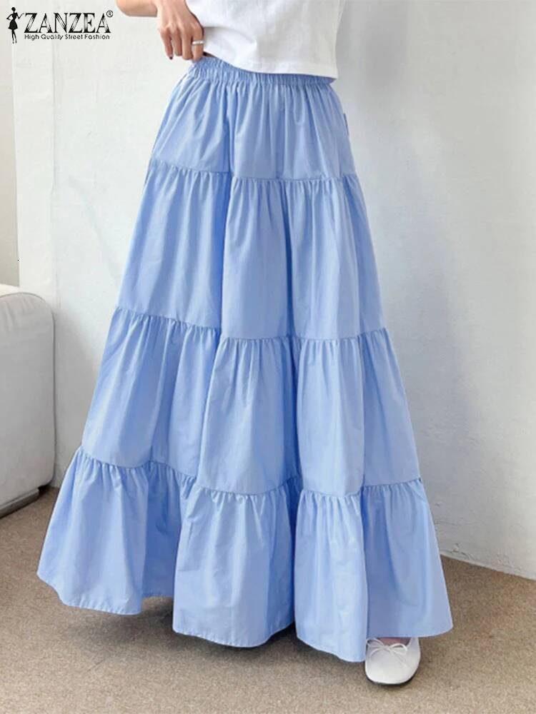 Women Korean Fashion Tiered Maxi Skirt Elastic Waist Casual Solid Color A-line Faldas Mujer Holiday Streetwear Long Jupes dongdumaoyi