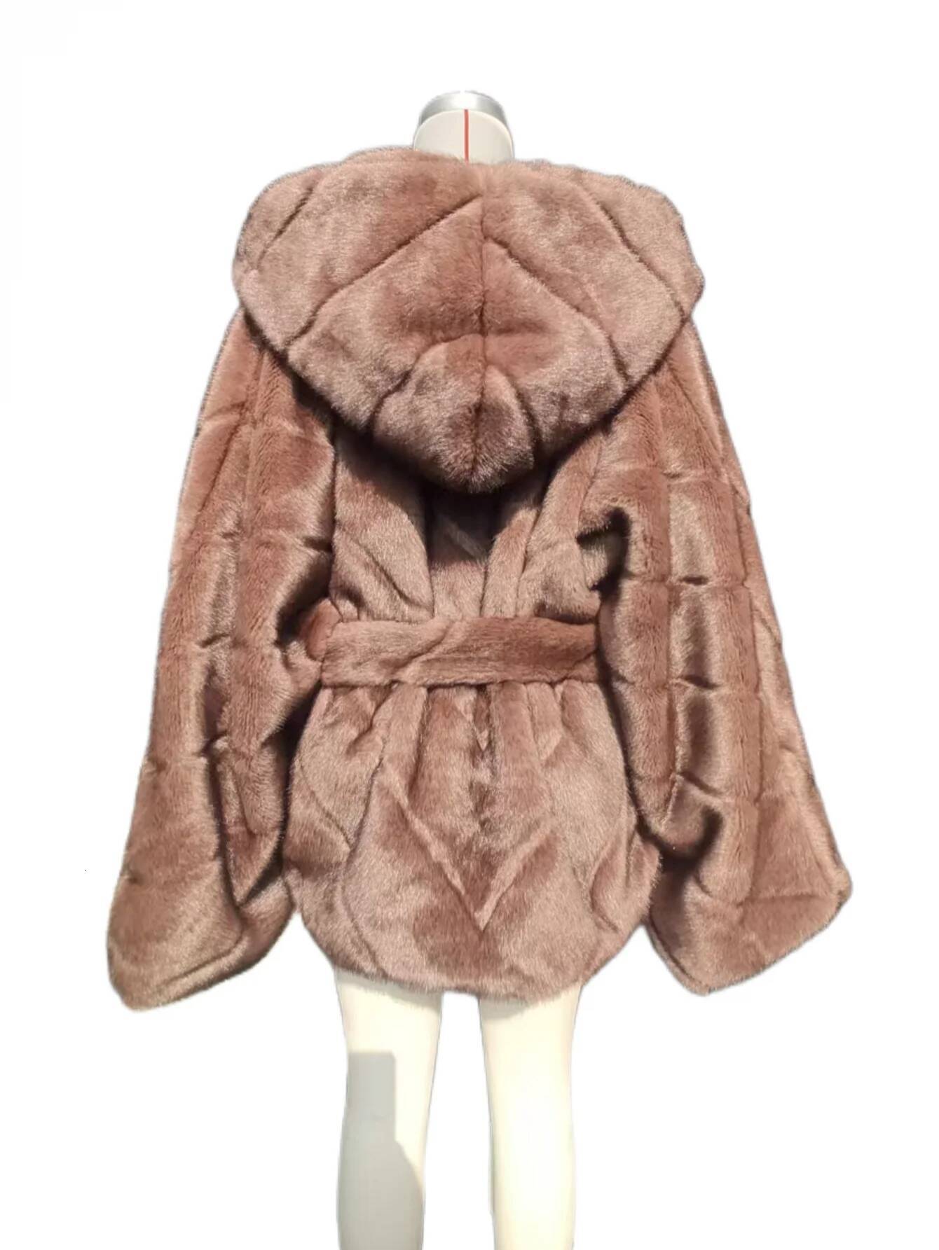 New fashion for autumn and winter: casual fluffy faux fur coat, women's hooded belt style, batsleeve artificial Mink Coat