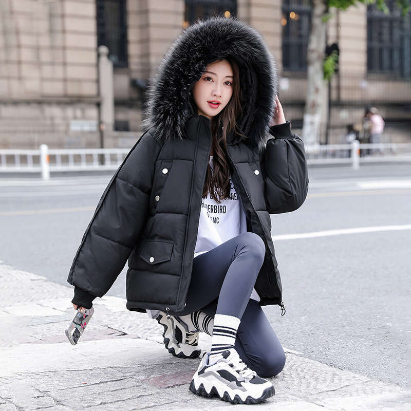 New Women's Down Cotton with Large Fur Collar, Slim Fit Puffer Coat, Thickened Short Jacket