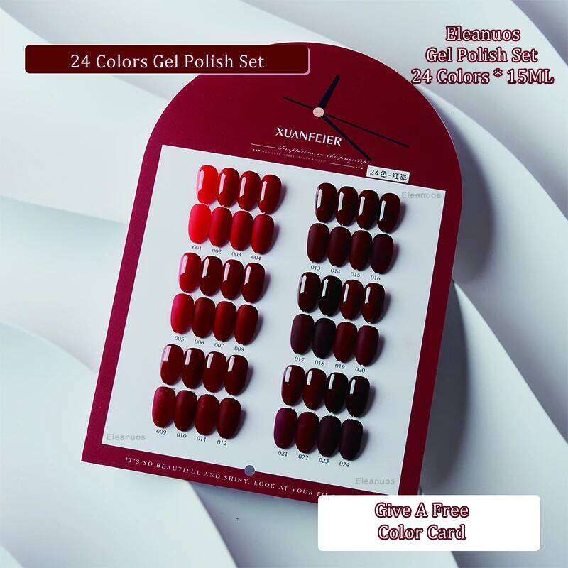 Eleanuos Phototherapy Polishing 24Pcs Varnish Gel Mixed Soak Wine Red Lasting Shiny Primer Nail Art Winter Salon Kit