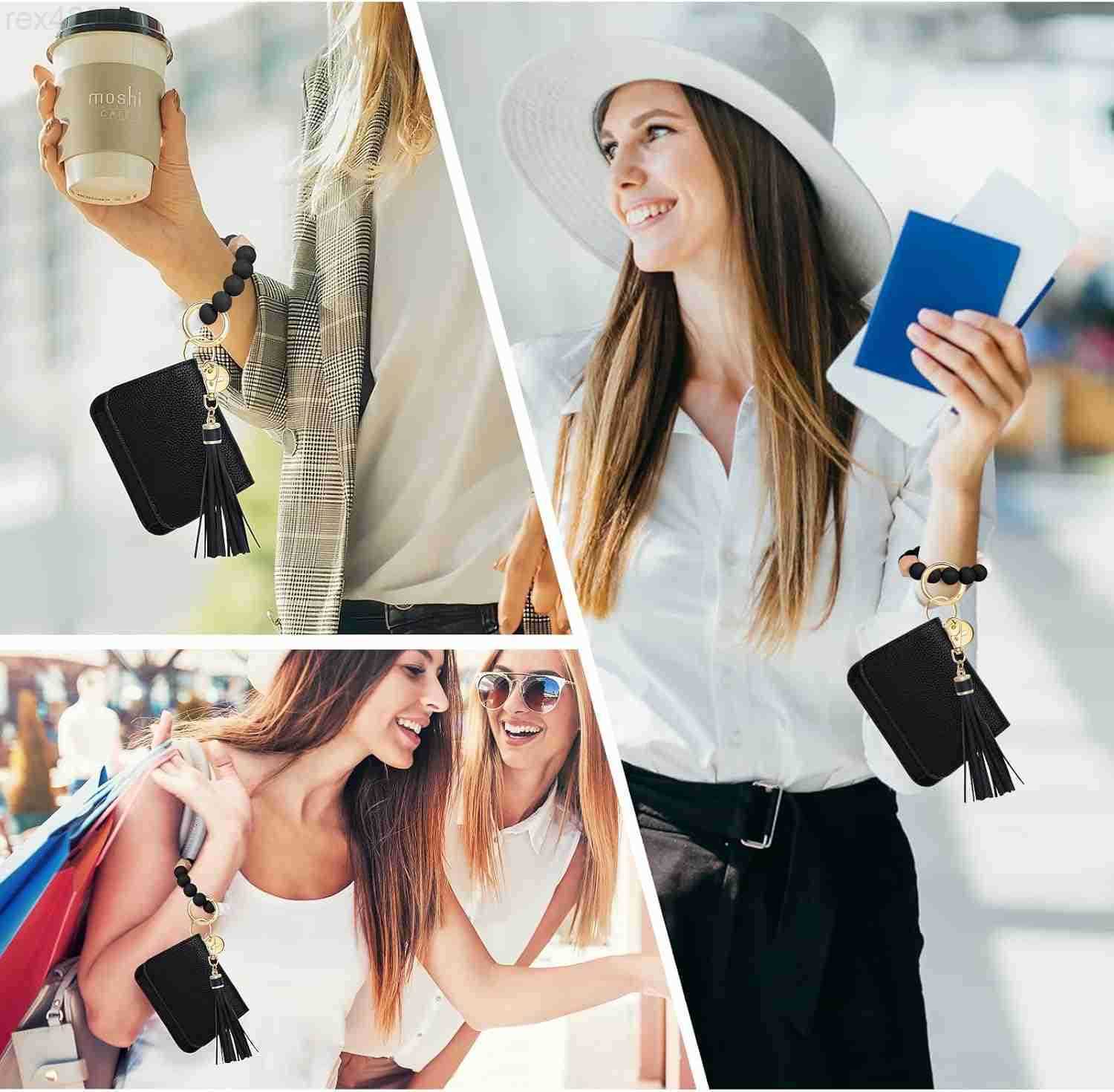 Wallets for Women Keychain Wallet RFID Wristlet Wallets Small Wallets with Silicone Beaded Bracelet KeychainW250911