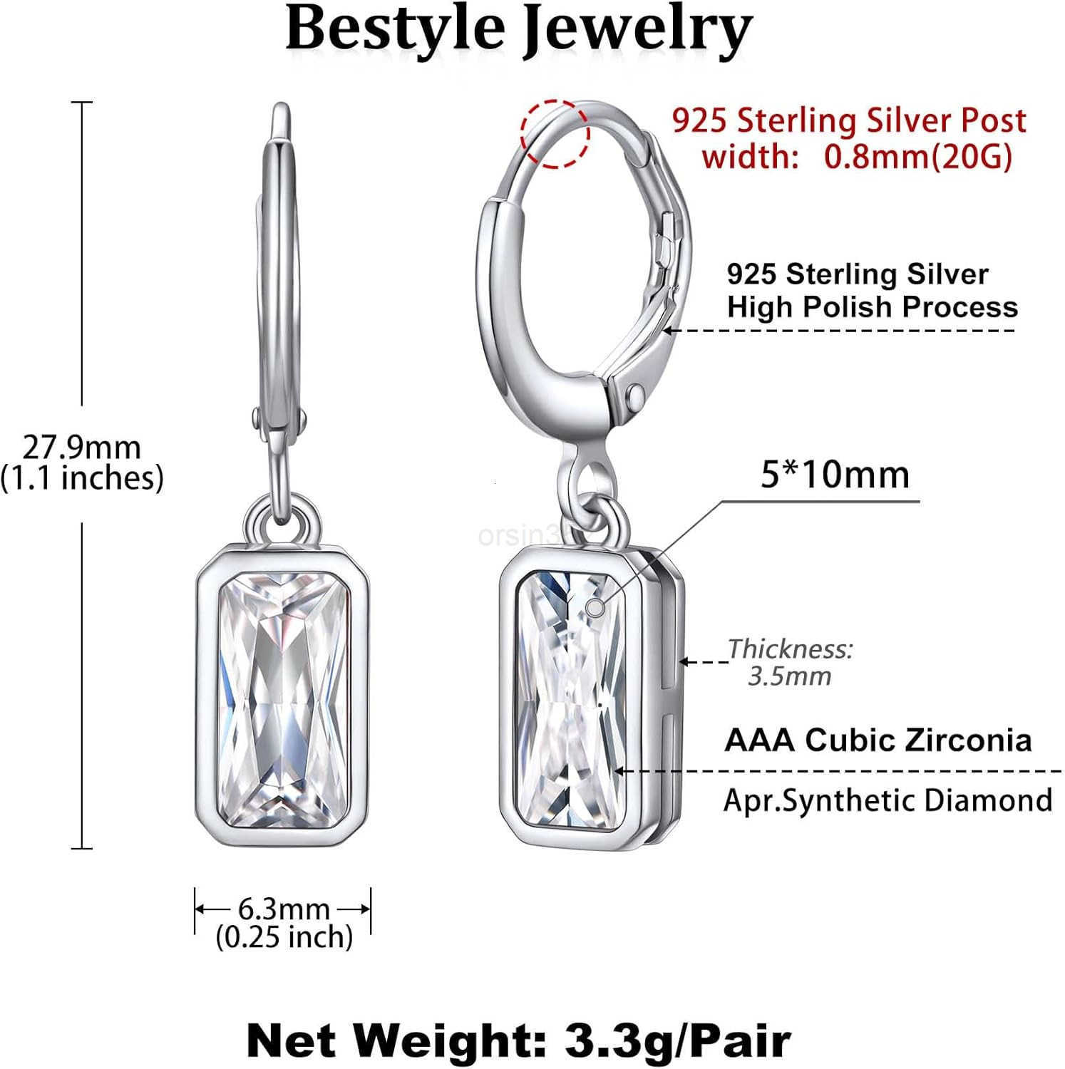 Sterling Silver Small Dainty Birthstone Drop Earrings for Women with Rectangular Baguette Crystal Huggie Hoop Silver Dangle Earring for Wedding Birthd