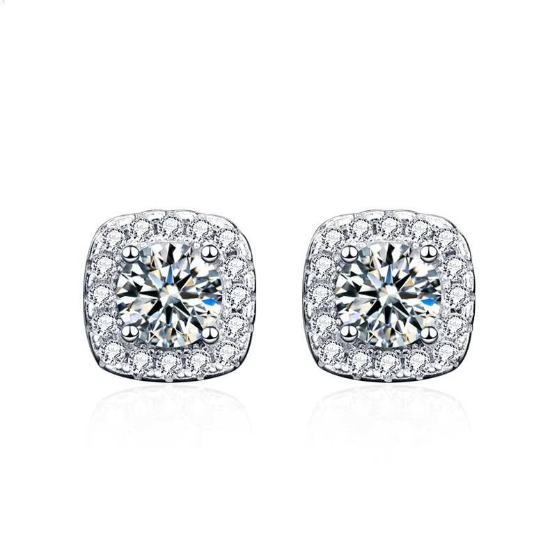 Classic Square Moissanite Wedding Jewelry Diamond 925 Sterling Silver Stud Earrings Women Men