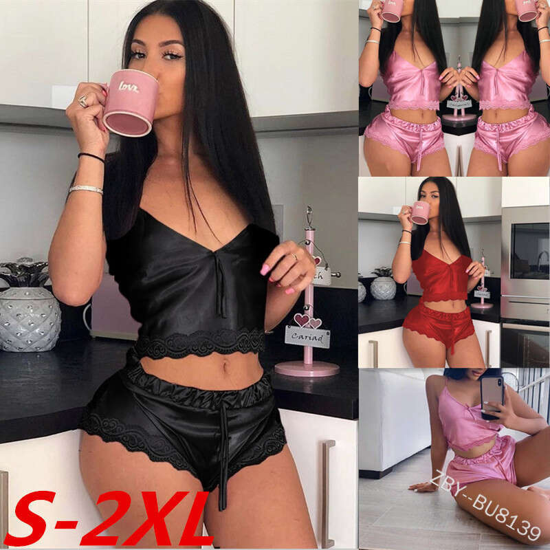 Satin Lace Pajama Set Cami Top & Shorts, Adjustable Fit, Ideal for Lounge & Bedroom Comfort