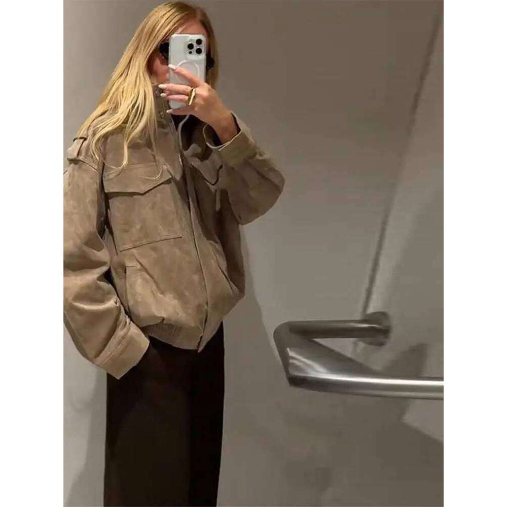 Women's Chic Zipper Bomber Coat Fashion Stand Collar Long Sleeve Pocket Female Jacket Lady 2025 Autumn Winter Casual Outerwear