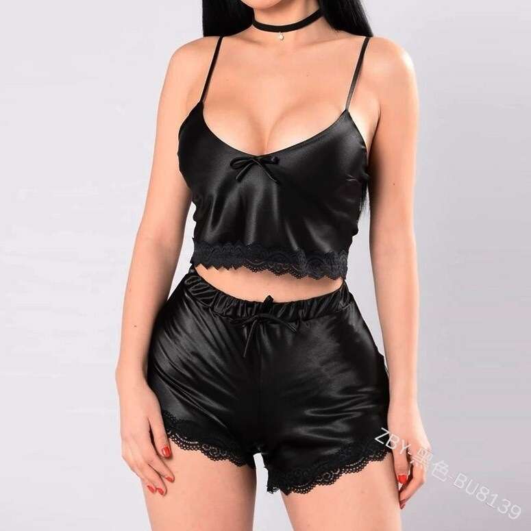 Satin Lace Pajama Set Cami Top & Shorts, Adjustable Fit, Ideal for Lounge & Bedroom Comfort