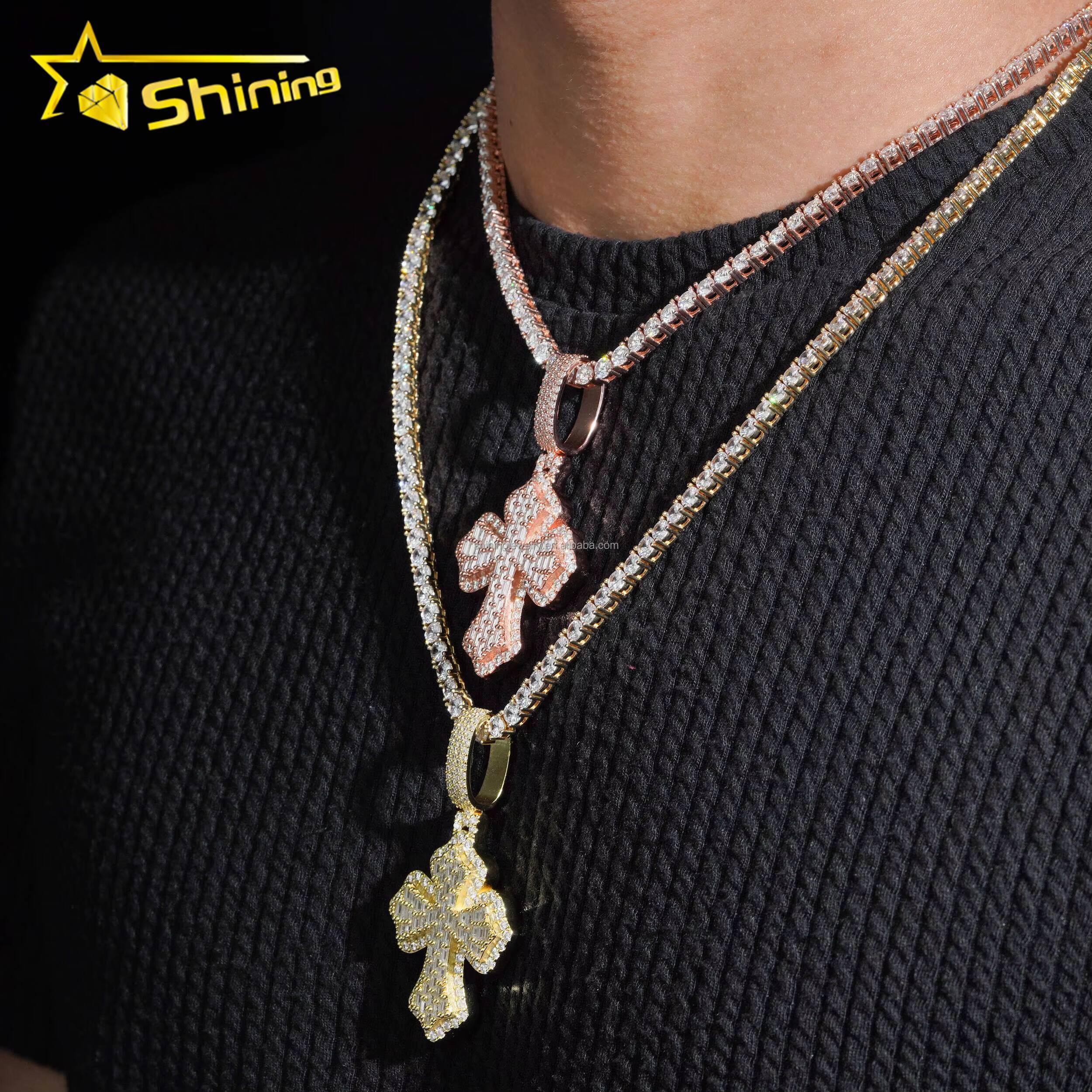 New Arrivals Fire Jewelry Hip Hop Stylish Rapper FL Moissanite Baguette Diamond S925 Solid Silver Iced Out Man Cross Pendant Set