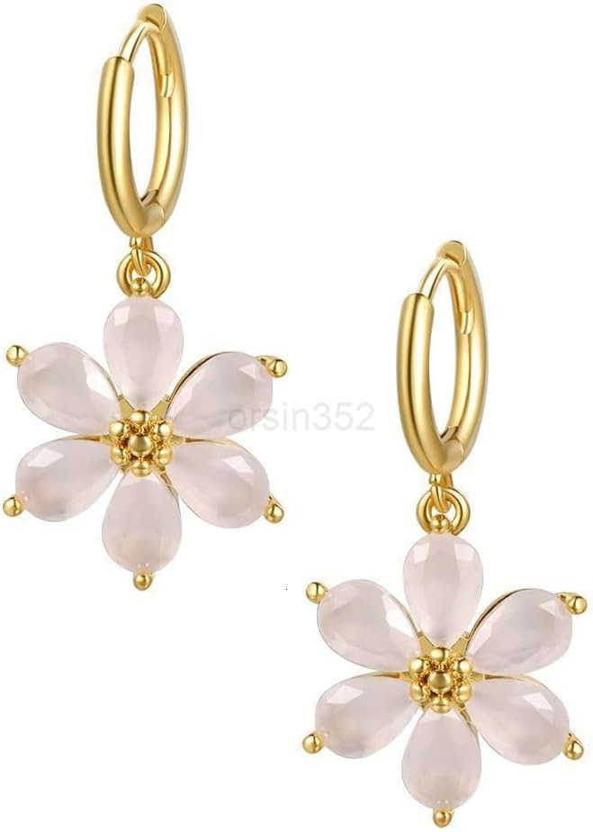 Dainty White Crystal Flower Dangle Small Hoop Earrings for Women Cute Bohemian Floral Blossom Charm Dangling Lightweight Cartilage Huggie Hoops Drop E