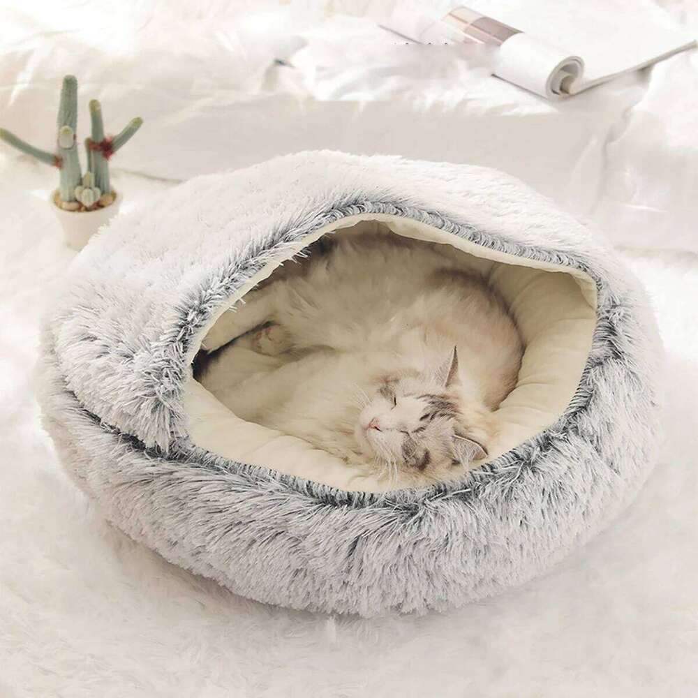 designer brand Plush Hooded Round Fluffy Soft Bed Pet Cushion Warm Cat Dog in Sleeping Nest Cave for Small Dogs