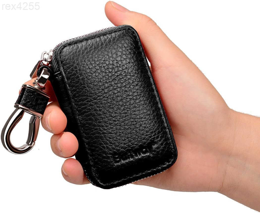 Car Key caseGenuine Leather Car Key Chain Keychain Holder Metal Hook and Keyring Zipper Bag for Remote Key Fob BlackW250911