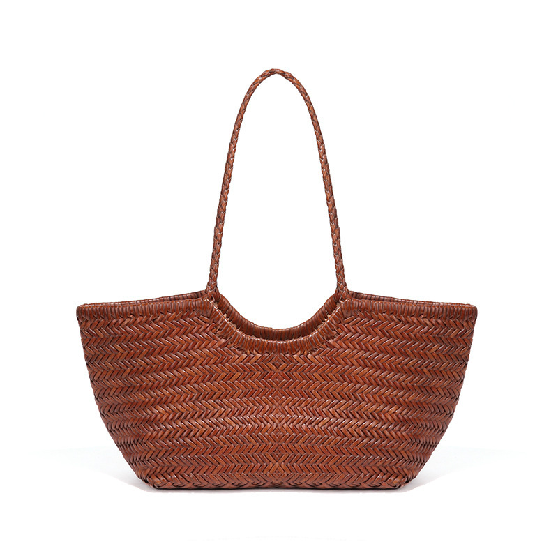 New Women's Spring Summer French Tote Genuine Leather Woven Basket Ins Style Irregular Shoulder Bag