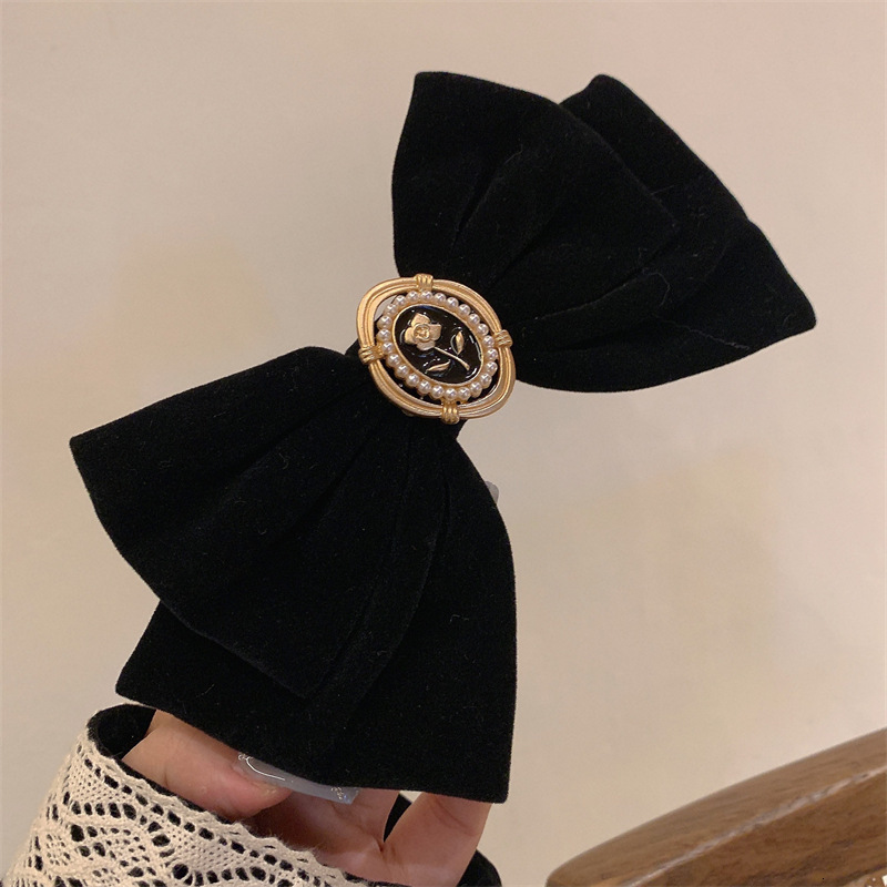 Rich Lady Black Veet Rose Bow French Top Clip Style High-end Hair Accessory ddmythur - view 3