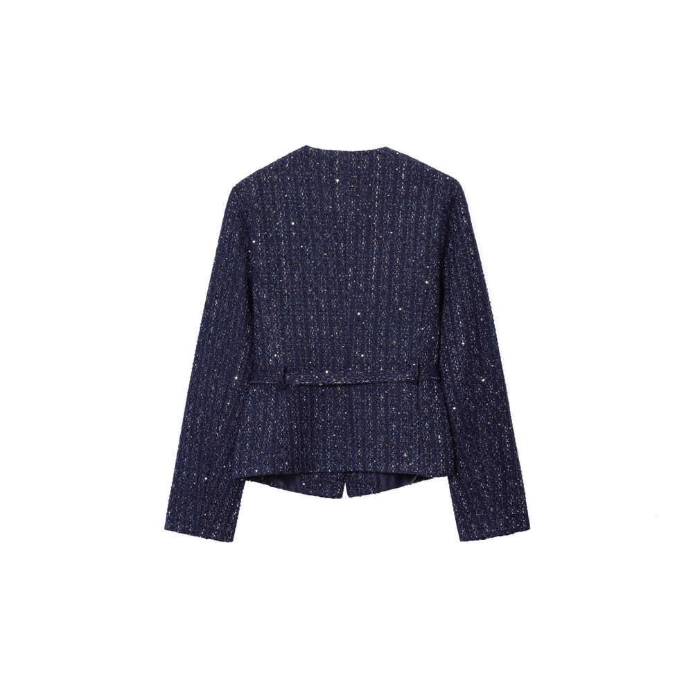 DHEssentials French Style Fashionable Casual Elegant Belted Tweed Sequin Jacket