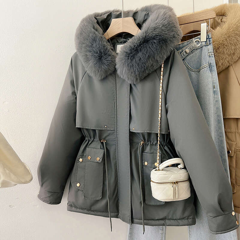 Padded Thickened Parka for Women Winter New Korean Style Coat with Large Fur Collar Short Hooded Cotton Jacket