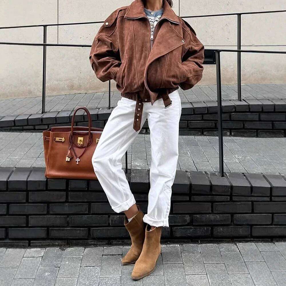 Fashionable Brown Short Loose Women's Jacket Casual Retro Mermaid Style Outerwear Popular Cross-Border Sale In