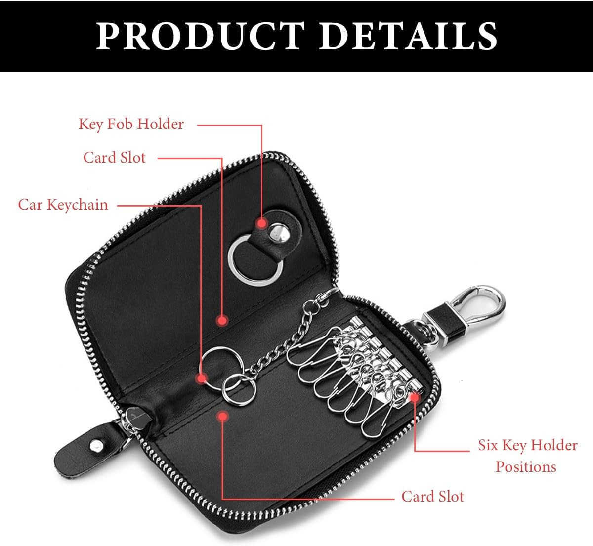 Leather Car Key Holder Bag Unisex Key Fob Case with 6 Hooks Zipper Closure Keychian Case Wallet for Smart Keys BlackW250911