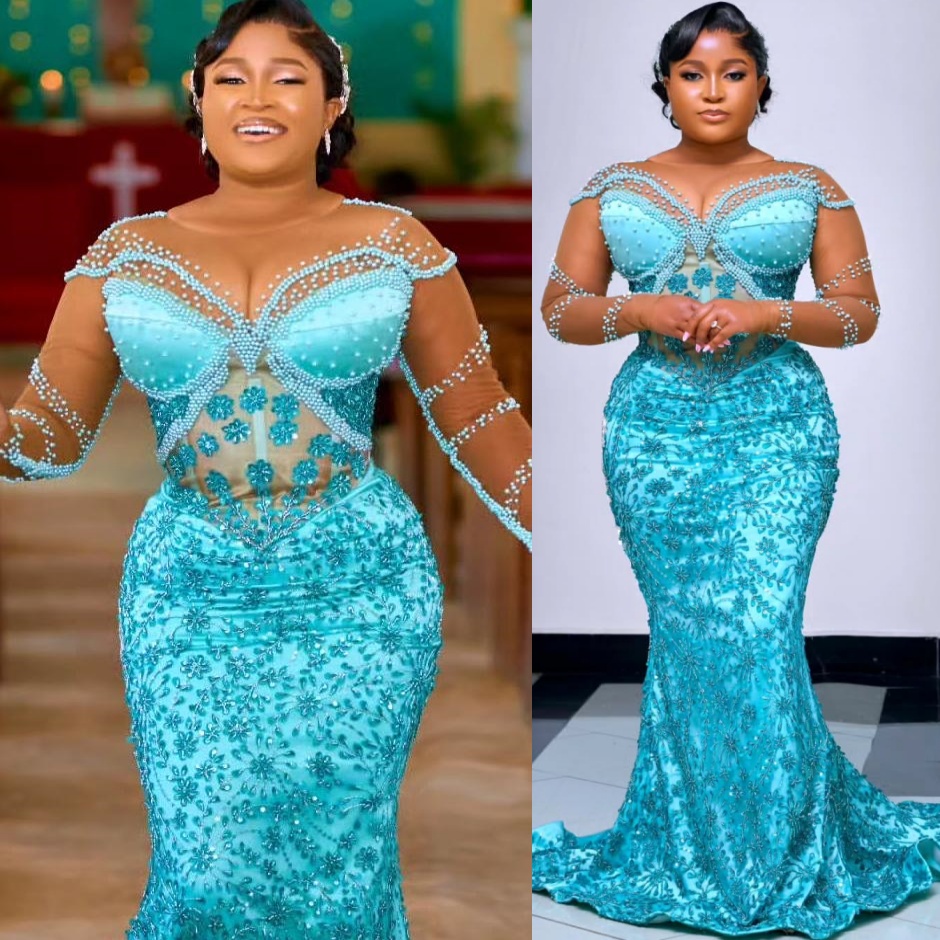 Sky Blue Mermaid Prom Dresses 2025 Pearls Beaded Sequined Sheer Neck Evening Formal Party Second Birthday Engagement Gowns Plus Size Dress For Special