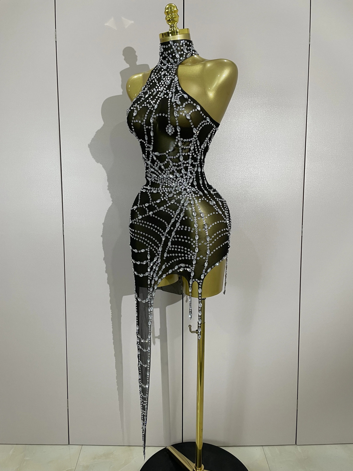 STOCK Sparkly Diamond Sexy Mesh Asymmetric Bodycon Mini Dress Women Nightclub Bar Party Show Gogo Dancer Clothing Stage Costume250906