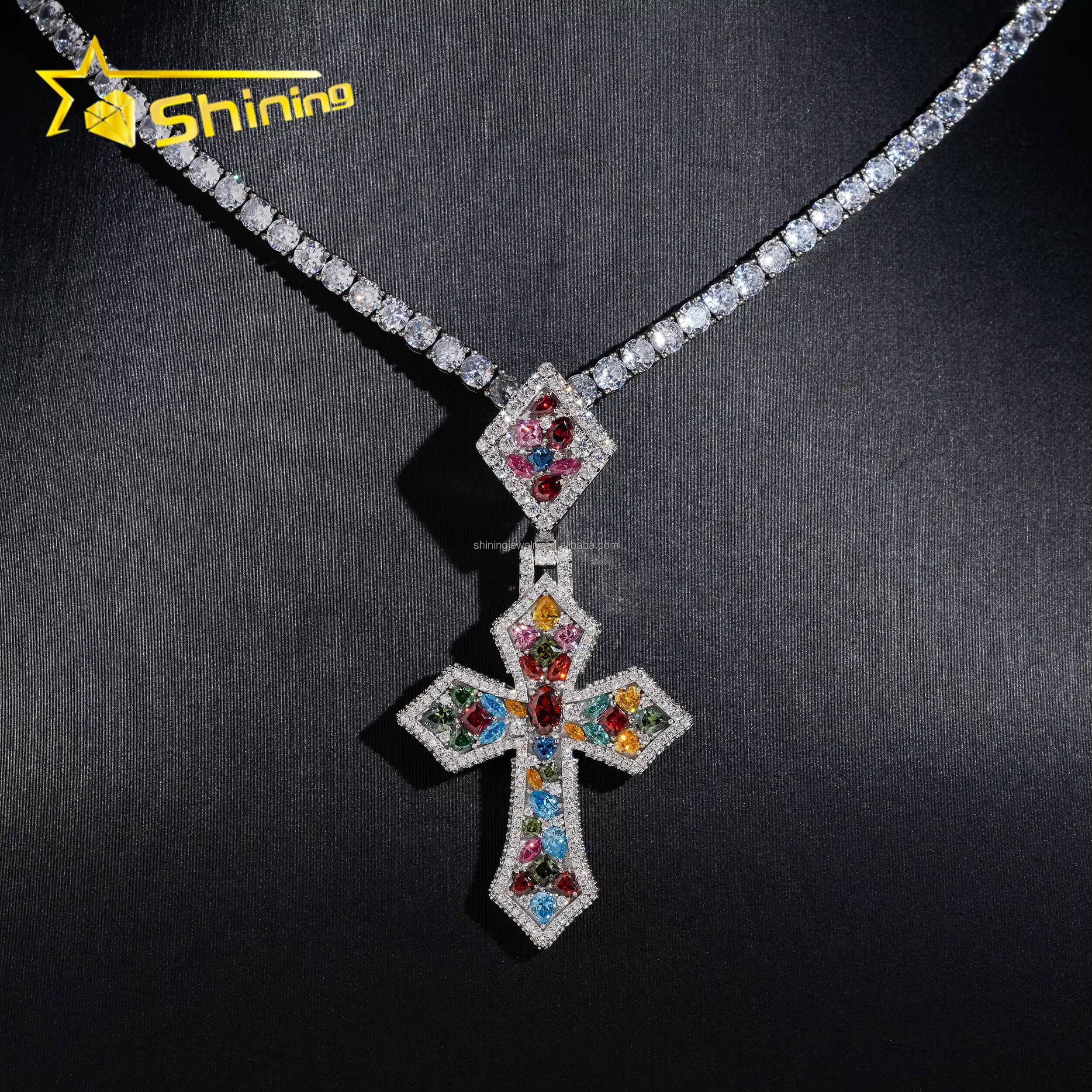 New Arrivals Unique Design High End Hip Hop Rapper Jewelry Multi Color Moissanite Diamond S925 Silver Iced Out Man Cross Pendant