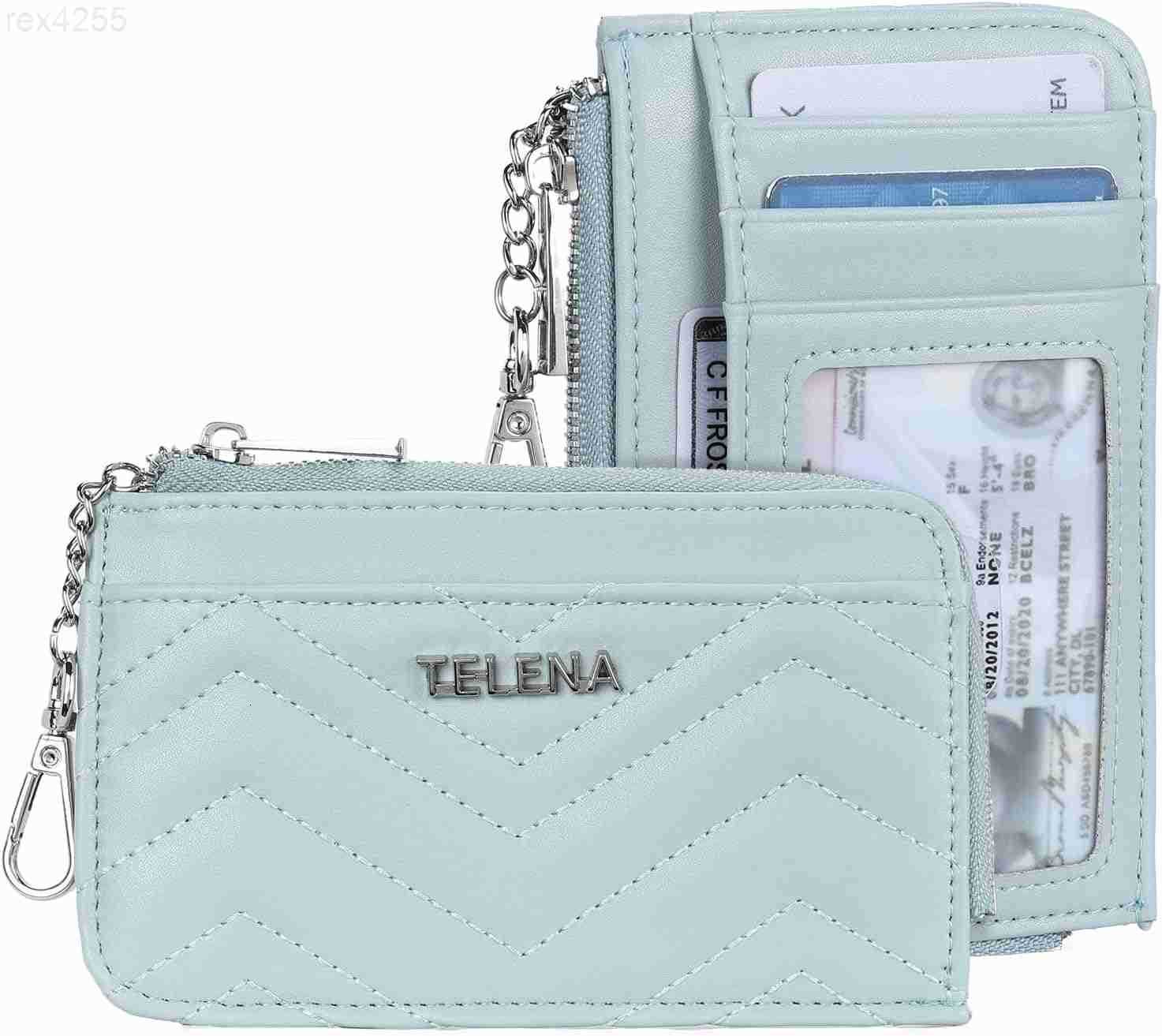 Slim Wallet Women RFID Blocking Credit Card Holder Leather Coin Purse with Silver Keychain BlueW250911