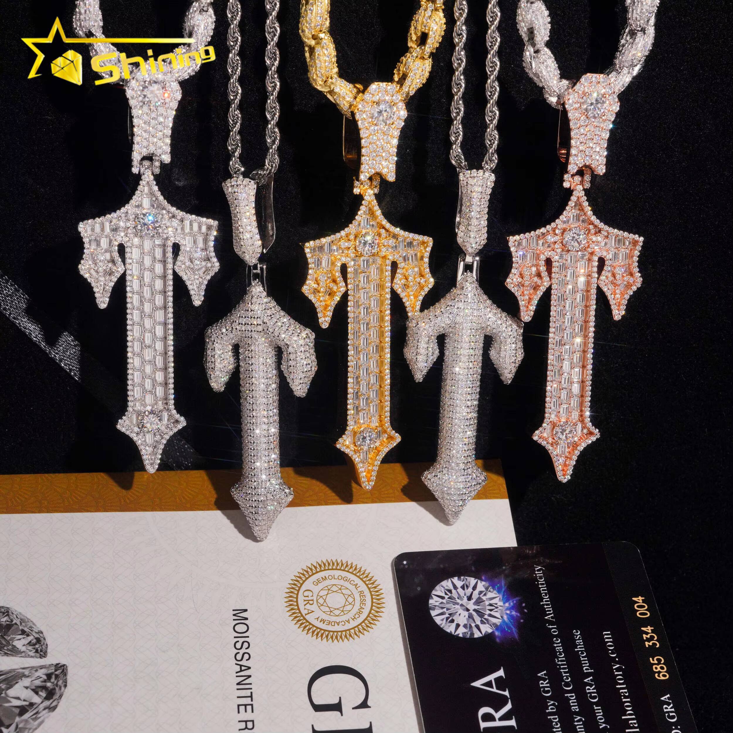 New Design GRA Moissnaite Cross Charms Silver 925 Gold Plated Hip Hop Moissanite Pendant Fine Jewelry Necklaces