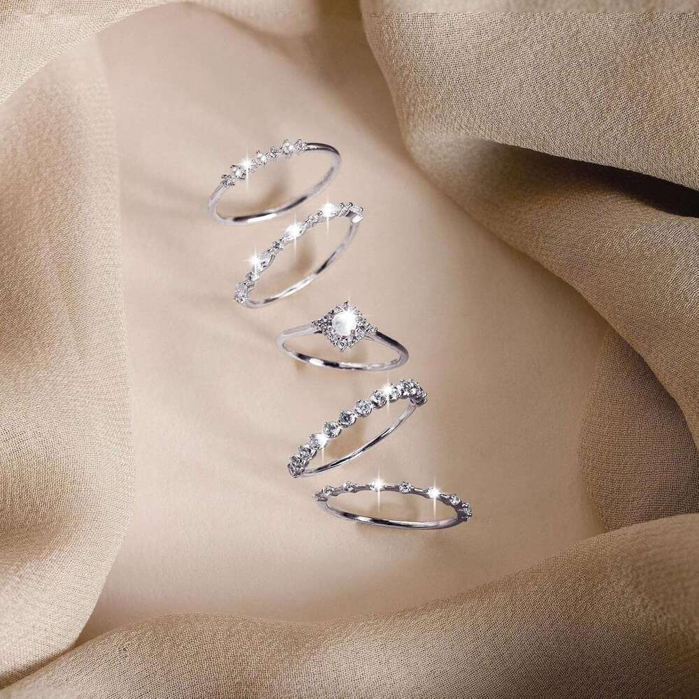 Stackable for Non Tarnish, Dainty Sterling Sier Dia Pearl Rings Set Thumb Fashion Thin Cubic Zirconia Simple Unique Statement Ring Pack Women Jewlery 