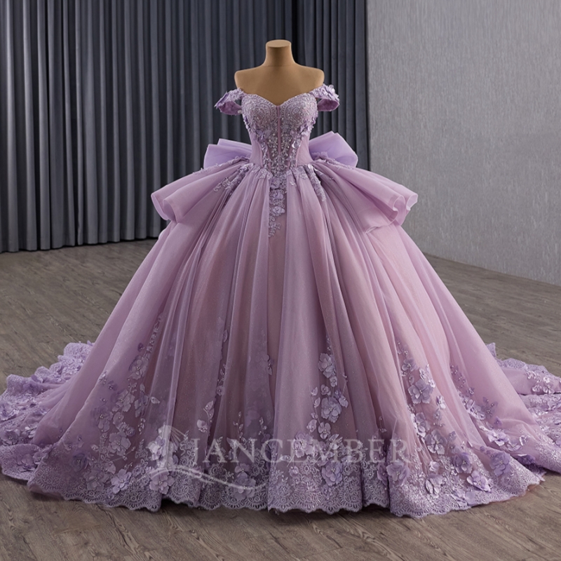 Lilac Shiny Quinceanera Dresses Ball Gown Off The Shoulder Applique Flower Beads Tull Bow Party Birthday Sweet 16 Dress Vestidos 15 De Anos