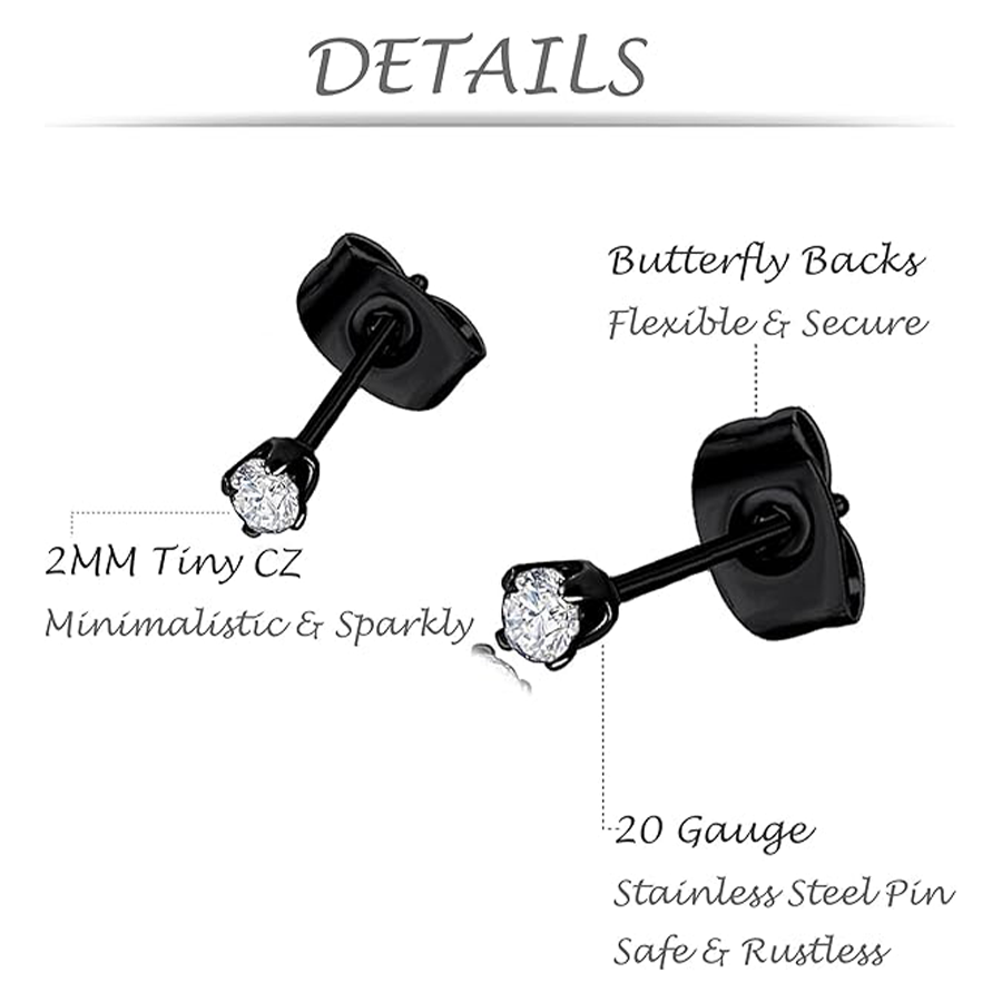 10 Pairs 20G 2mm Tiny Stud Earrings 316L Stainless Steel Small CZ Earring Set For Men Women Black Tone