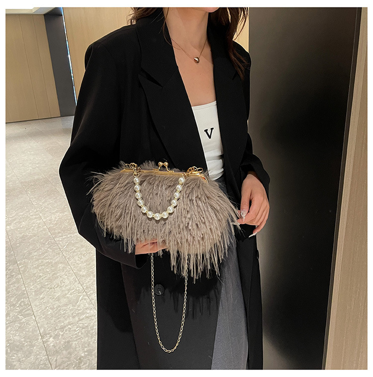 2025 autumn new plush handbag light luxury elegant niche design versatile trendy style pearl chain fluffy style women's handbag designer bag