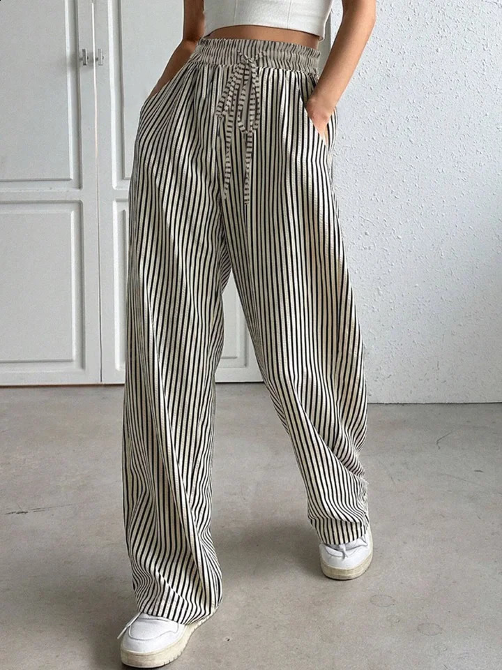 Womens Striped Wide Leg Pants High Waist Drawstring Casual Trousers with Side Pockets Straight Lounge 250911