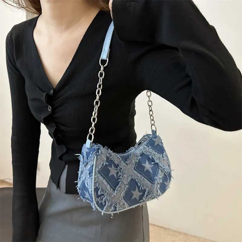 Casual Star Denim Shoulder Bags for Women Plaid Tassel Cool Hot Girls Underarm Phone Bag Fashion Versatile Female Handbags W250911