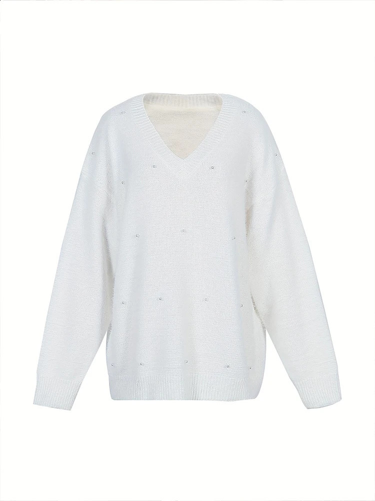 Plus Size Womens VNeck Pearl Beaded Fleece Sweater Embellished Long Sleeve Fashion Dress Aesthetic Knit Top 250911